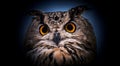 A close look of the orange eyes of a horned owl on a dark background Royalty Free Stock Photo