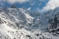 Close look on Polish High Tatras mountains over Czarny Staw pod Rysami. In the bacground Rysy, Nizne Rysy, and Wolowa Turnia peaks