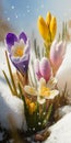 Close look of spring flowers in superimposed snow, bright day