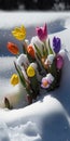 Close look of spring flowers in superimposed snow, bright day