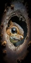 close look of squirrel sticking its head out of the hollow of a tree, superimposed