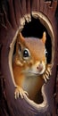 close look of squirrel sticking its head out of the hollow of a tree, superimposed