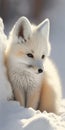 Close look of white baby fox in superimposed snow, bright day