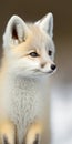 Close look of white baby fox in superimposed snow, bright day