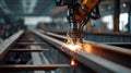 Close medium shot capturing a cabledriven robotic system applying fireresistant coating on steel beams highlighting the Royalty Free Stock Photo