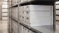 Close medium shot emphasizing a stack of climatecontrolled boxes on compact shelving with the surrounding archival Royalty Free Stock Photo