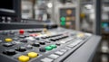 Close medium shot of an engineered electronic panel for industrial machinery controls emphasizing tactile buttons and Royalty Free Stock Photo