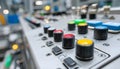 Close medium shot of an engineered electronic panel for industrial machinery controls emphasizing tactile buttons and Royalty Free Stock Photo