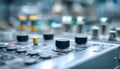 Close medium shot of an engineered electronic panel for industrial machinery controls emphasizing tactile buttons and Royalty Free Stock Photo