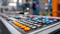 Close medium shot of an engineered electronic panel for industrial machinery controls emphasizing tactile buttons and Royalty Free Stock Photo