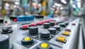 Close medium shot of an engineered electronic panel for industrial machinery controls emphasizing tactile buttons and Royalty Free Stock Photo