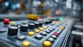 Close medium shot of an engineered electronic panel for industrial machinery controls emphasizing tactile buttons and Royalty Free Stock Photo