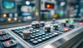 Close medium shot of an engineered electronic panel for industrial machinery controls emphasizing tactile buttons and Royalty Free Stock Photo