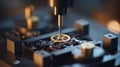 Close medium shot focused on delicate mechanical watch components being aligned on innovative 3Dprinted scaffolds during Royalty Free Stock Photo