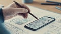 Close medium shot of a mobile UI prototype on a digital screen with focused pencil edits blurred coworker in background Royalty Free Stock Photo