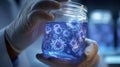 Close medium shot of a scientist handling a wastewater sample jar featuring dynamic virus swirls portraying cuttingedge Royalty Free Stock Photo