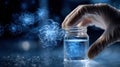 Close medium shot of a scientist handling a wastewater sample jar featuring dynamic virus swirls portraying cuttingedge Royalty Free Stock Photo