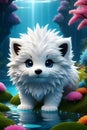 A close midshot of a bedazzling cute and fluffy wild creature, with water, flower, forest, stunning visual, fantastical, wallpaper Royalty Free Stock Photo