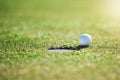 So close yet no cigar. Closeup shot of a golf ball on the edge of a hole outside on a golf course during the day. Royalty Free Stock Photo