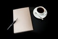 Close notebook, pen and cup of coffee