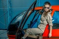 Close op portrait of Young woman helicopter pilot. Royalty Free Stock Photo