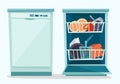 Close and open dishwasher with dishes. Royalty Free Stock Photo