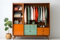 Close open wardrobe. Wardrobes with clothes and shoes, packaging boxes. Isolated wooden cupboard illustration