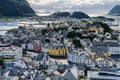 Close overview of Alesund town from the Aksla viewpoint during the late evening before sunset