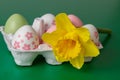 Close Painted Easter Eggs Yellow Daffodil Flower On Green