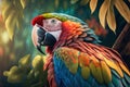 Close Parrot sit on a branch in jungle. Generative AI