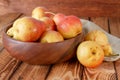 Close Pears Bowl Cup Ripe Pear Bright Rustic Composition Wood Royalty Free Stock Photo