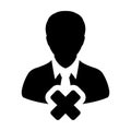 Close person icon vector male user profile avatar with delete symbol in flat color glyph pictogram