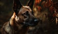 close photo of Belgian Malinois on forest background. Generative AI