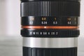 The close photo of manual focus lens for mirrorless APSC cameras on white background.