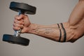 Close photo of a muscular arm which is doing bicep hummer curls with a dumbbell Royalty Free Stock Photo