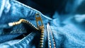 Close picture of denim jeans zipper with colored effect. Stock image.
