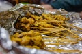 Close Pork Satay Skewer with dried bamboo in the Foy.