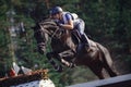 Attractive rider woman jumping over obstacle on black horse during eventing cross country competition in summer