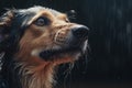 Close portrait cute intelligent wet dog with smart brown plaintive eyes thinking looking up listening after rain walk