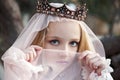 Close portrait of the girl enchantress in the crown with a face covered with a veil and charming big eyes