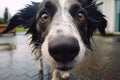 Close up portrait unhappy wet black white dog with smart brown plaintive eyes looking listening after rain walk