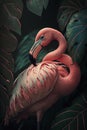 Close portrait pink flamingo with leaf, Generative AI Royalty Free Stock Photo