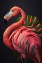 Close portrait pink flamingo with leaf, Generative AI