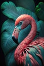 Close portrait pink flamingo with leaf, Generative AI Royalty Free Stock Photo