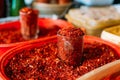 Close Of Powdered Cayenne Or Red Hot Chili Pepper On Sale At East Royalty Free Stock Photo