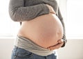 Close pregnant woman caressing her belly at home