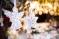 Close shot of crystal star ornament hanging from a tree with a blurred background Royalty Free Stock Photo