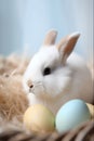A close shot of a cute Easter baby bunny sitting in a nest of colored eggs