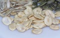 Close shot of the edible peeled sunflower, pumpkin  and water melon seeds Royalty Free Stock Photo