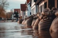 Close shot of flood Protection Sandbags with flooded homes in the background. - AI Generated Royalty Free Stock Photo